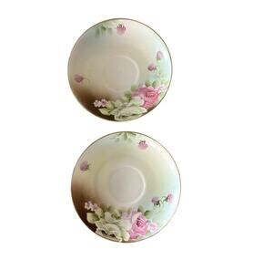 Pair Antique Hand Painted Floral Berry Gold Rim Porcelain Saucers 6.25”
